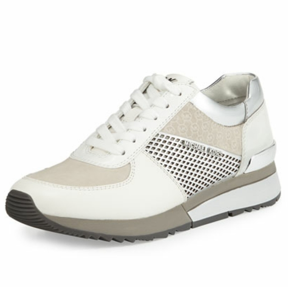 michael michael kors allie embellished leather and canvas trainer